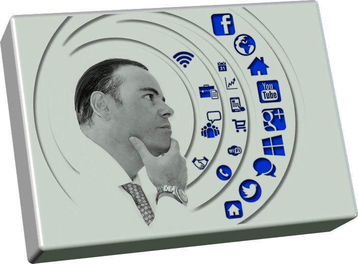 A graphic of a man looking at various social media icons