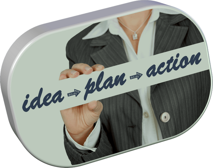 An image of a woman holding a sign stating idea-plan-action