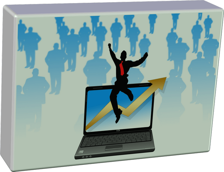 A graphic of a man jumping from a laptop with an up arrow