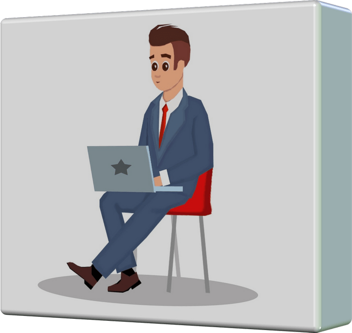 A graphic of a cartoon man sitting on a chair working with a laptop
