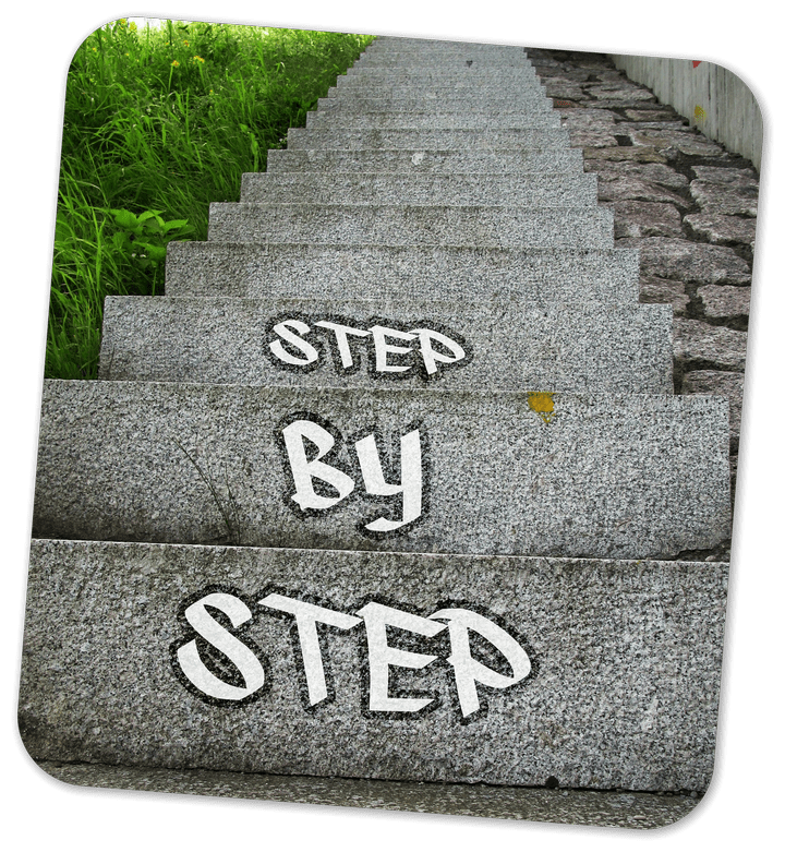 A picture of stairs with step by step text at bottom