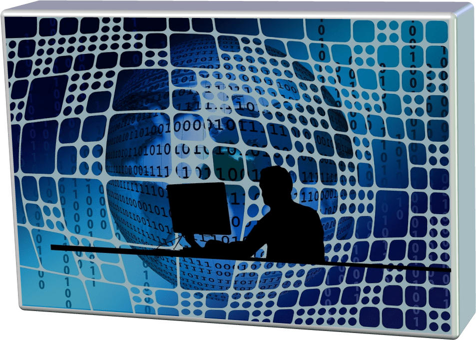 A graphic of a man working on a computer