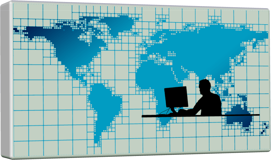 A graphic image of a man working on a computer